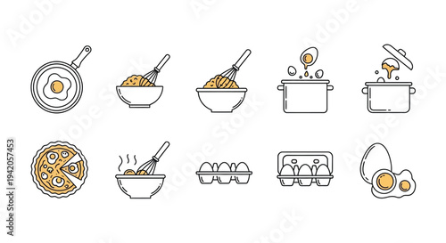 Cooking process icons show whisking, frying, and boiling.