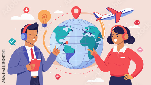 Travel agency agents helping customers plan vacation and book flights.eps