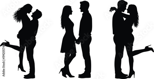 Romantic couple silhouettes in affectionate poses showing love and intimacy with lifting embrace holding hands and close hug perfect for relationship and Valentine themes