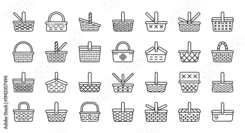 An assortment of woven picnic baskets is shown in outline.