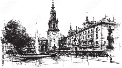 Plaza Mayor, Spain illustration on a white background. This vector illustration can be used in any size you like for advertising, logos, and other work.
