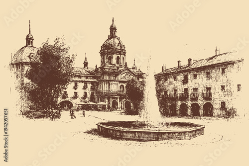Plaza Mayor, Spain illustration in a vintage style. This vector illustration can be used in any size you like for advertising, logos, and other work.
