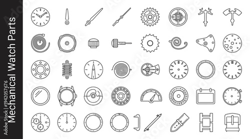 Collection of mechanical watch parts and components in a clean line art style
