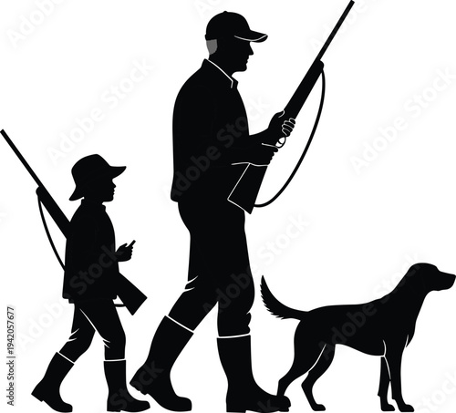 Silhouette of hunter child and dog walking together carrying rifles outdoor hunting expedition family tradition concept with generational activity and nature lifestyle theme