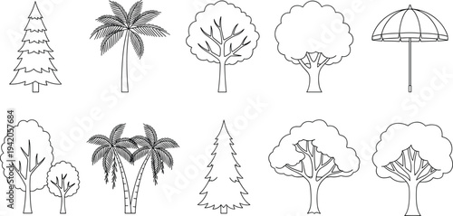 Set of various black and white line art tree icons including palm pine and deciduous trees with a beach umbrella for landscape design projects
