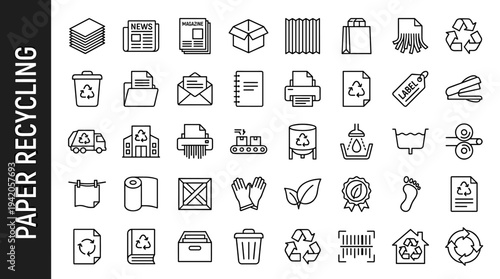 Paper recycling icons collection showing process from waste to new products