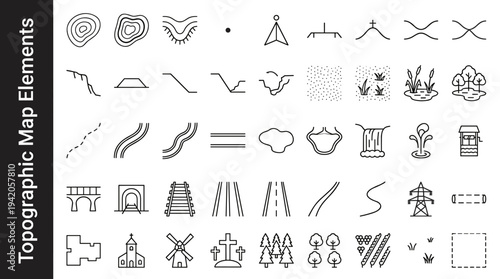 Collection of topographic map symbols and elements for cartography and navigation