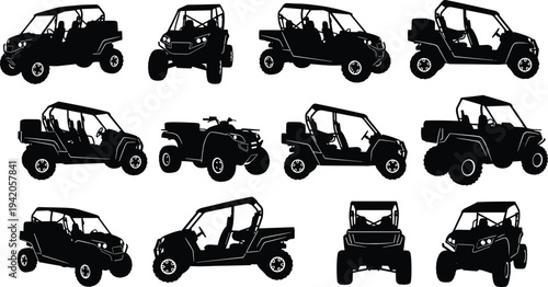 Silhouettes of rugged off road vehicles including UTVs and ATV all terrain designs showcasing diverse angles two seater and four seater recreational utility transport