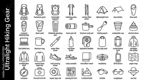 Collection of Ultralight Hiking Gear Icons for Outdoor Adventures and Camping Trips