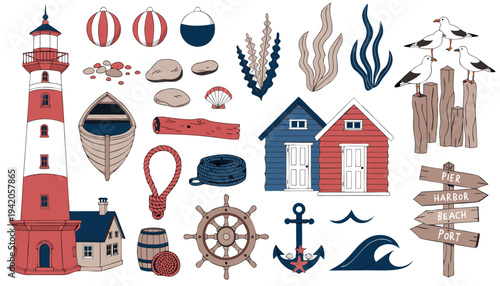 Vintage maritime icons including lifebuoy, wooden signpost and oars..eps