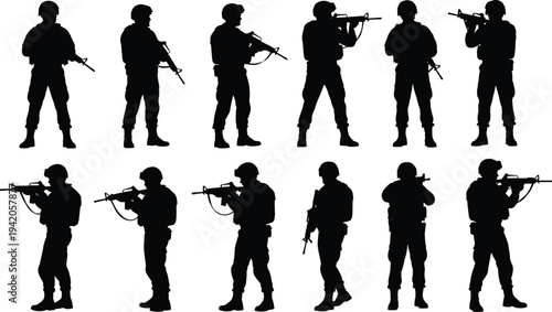 Silhouettes of soldiers holding rifles in various stances and poses including standing aiming and ready positions representing military training tactical action and defense themes