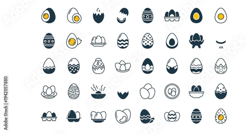 Collection of various egg icons for food and holiday use.