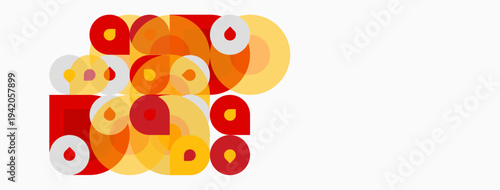 Abstract composition features overlapping circles, warm hues dominate. Yellows, oranges, reds create dynamic visual texture. Simple shapes, modern design.