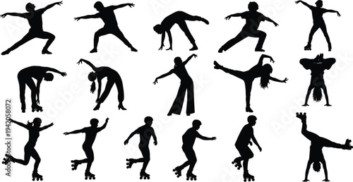 Vector illustration set of roller skating silhouettes featuring men and women performing tricks dancing and gliding in various dynamic poses isolated on white background