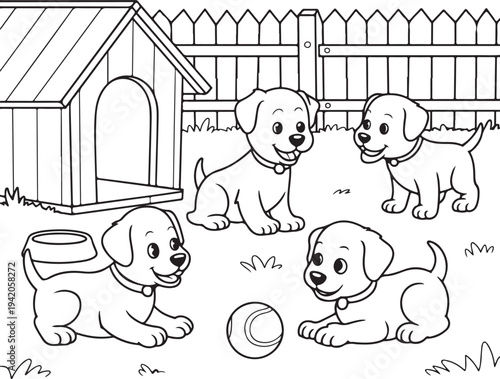 Four playful puppies in a yard with a doghouse Keywords: puppies, dogs, cute, playful, cartoon