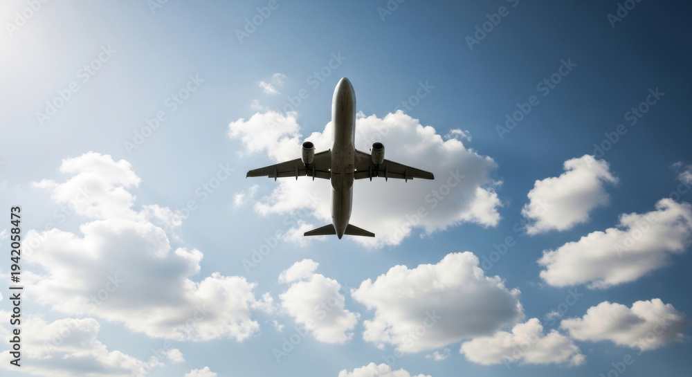 Fototapeta premium A commercial airplane flying high against a backdrop of blue sky and fluffy white clouds.