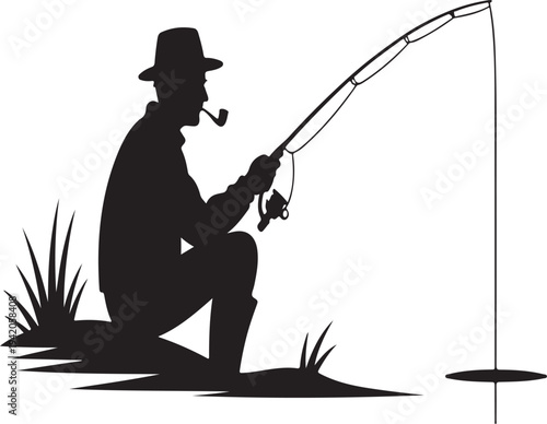 Fisherman sitting by lake fishing silhouette vector illustration