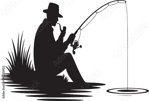 Fisherman sitting by lake fishing with rod silhouette vector illustration peaceful outdoor fishing hobby isolated on white background