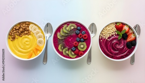 Colorful Smoothie Bowls Trio Mango Berry Acai Topped Fresh Fruit Pastel Background
