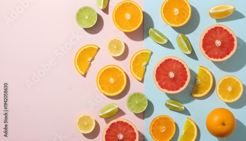 Citrus Fruit Flat Lay Split Pink Blue Background Oranges Lemons Limes Grapefruit Fresh Dewy
