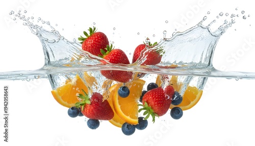 Fresh Fruit Splash: Strawberries, Oranges, Blueberries in Water, Dynamic Refreshing
