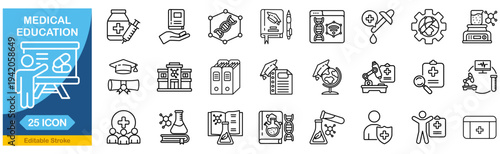Medical Education web icon set in line style.�Student, learning, book, collection. Editable stroke. Vector illustration. 