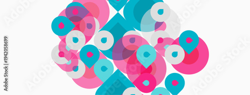 Abstract composition featuring overlapping circles. Pink, teal hues dominate white background. Modern, playful design elements present.