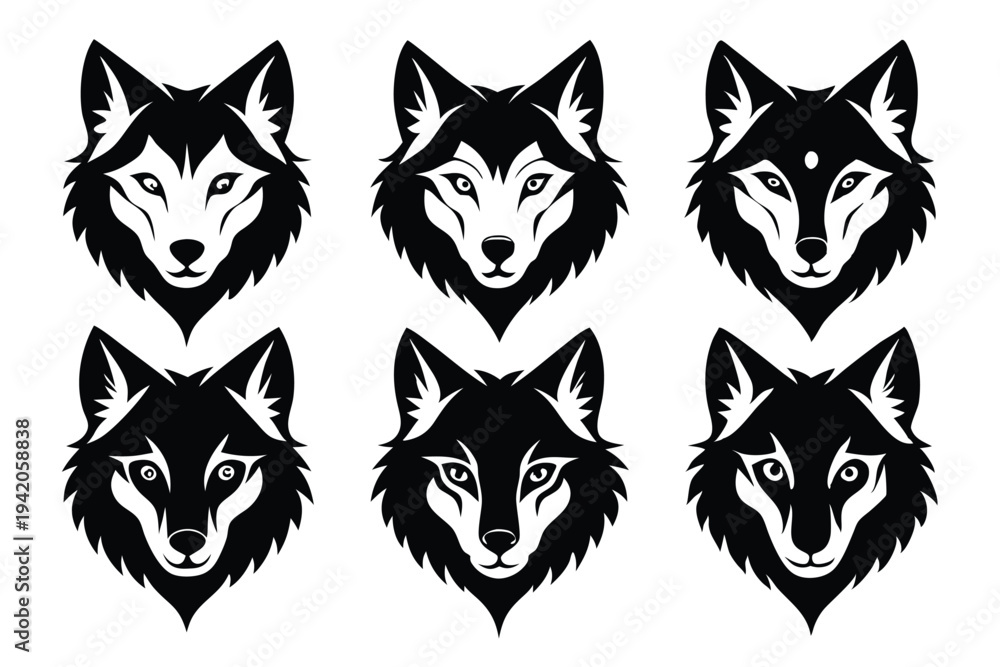 Obraz premium set of wolf head silhouette line art vector illustration with a white background
