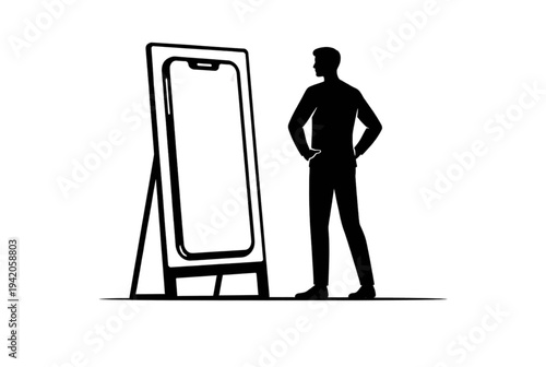 Vector illustration of a man standing next to a blank easel board