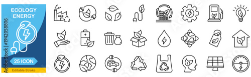 Ecology and Energy web icons in line style.�green technology, environmental energy collection. Editable stroke. Vector illustration.