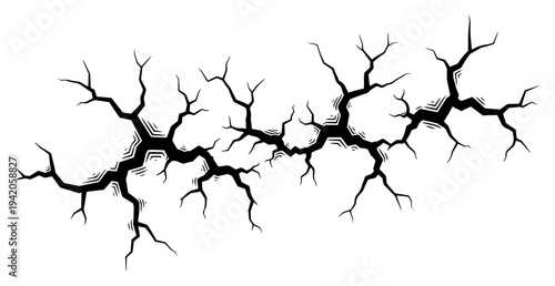 Deep horizontal crack or fissure line hand drawn in black ink engraving style