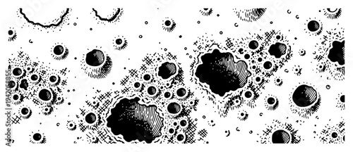 Lunar surface texture with moon craters and pits in vintage engraving halftone style