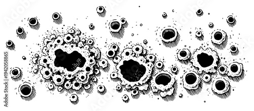 Set of hand drawn bullet hole impacts and metal surface damage in engraving style