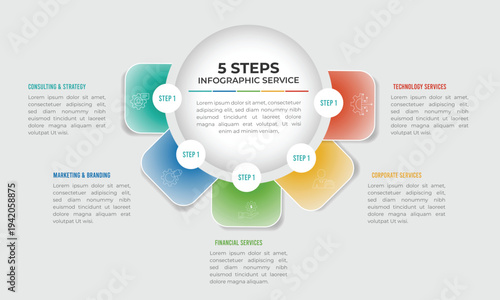 5 Steps Chart for Financial Corporate and Marketing Strategy Services, Infographic Business Process Diagram with Modern Gradient Cards