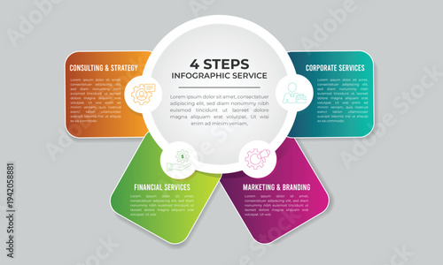 4 Steps Chart for Financial Corporate and Marketing Strategy Services, Infographic Business Process Diagram with Modern Gradient Cards