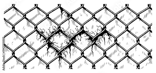 Hand drawn chain link fence with broken wires and realistic metallic texture sketch