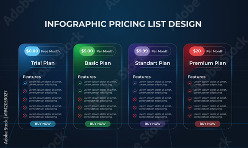Pricing Table Infographic Design with 4 Plans Professional Business Price Subscription Plan Vector Isometric 