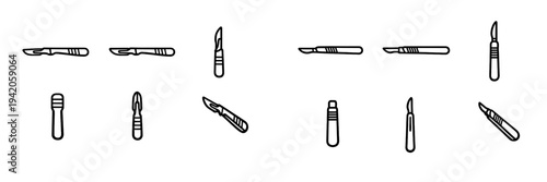Set of surgical scalpel icons with sharp blades and handles for medical and healthcare design projects on white background
