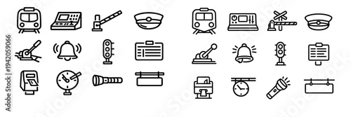 Set of railway and train station line icons including locomotive front control panel crossing gate conductor hat bell and traffic light