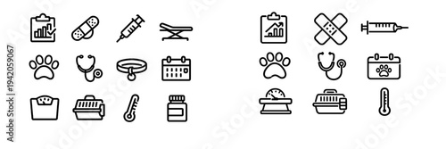 Veterinary medicine and pet healthcare line icon set featuring medical tools and animal care symbols on a white background