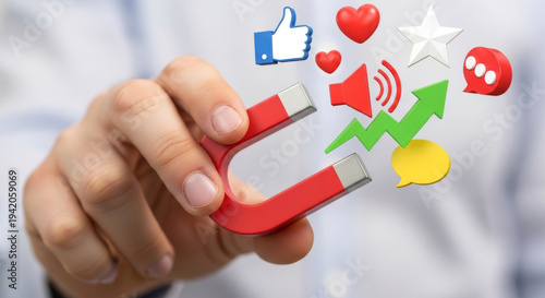 Hand Holding a Red Magnet Surrounded by Colorful Social Media Icons, Symbolizing Attraction and Engagement in the Digital World