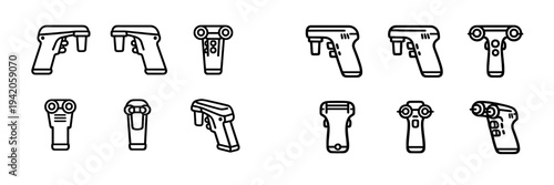 Set of handheld barcode scanner line icons for inventory management and retail logistics isolated on white background