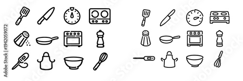 Kitchen utensils and cooking equipment icons including spatula knife timer stove salt shaker frying pan oven pepper mill and whisk
