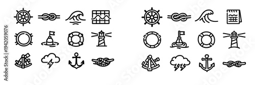 Nautical and maritime line icons set featuring anchor lighthouse ship wheel wave lifebuoy and sextant for marine navigation design