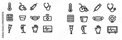 Medical and healthcare icon set featuring thermometer wheelchair syringe stethoscope pills face mask crutch IV drip and heart monitor