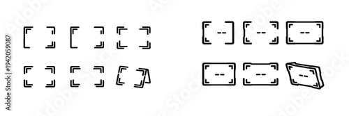 Collection of camera viewfinder focus frame icons and digital photography capture boundary symbols on white background