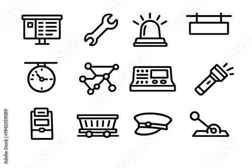 Set of railway station and train transportation line icons including clock wrench siren flashlight and control panel elements