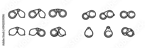 Set of black line icons showing folding pocket magnifying glasses and jeweler loupes in different positions on a white background