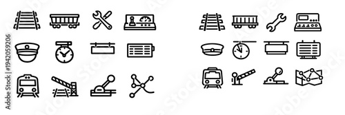 Railway and train station icon set featuring locomotive tracks cargo wagon conductor hat station clock and crossing gate