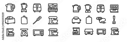 Modern kitchen appliance and cooking tool line icons including microwave toaster blender kettle and coffee maker